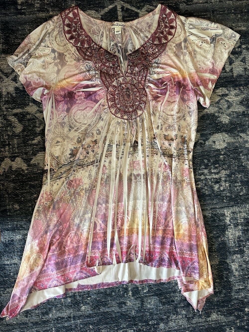 World Unity Tunic VNeck Short Sleeve Large Hippie Gems Mandala Fairy Whimsygoth